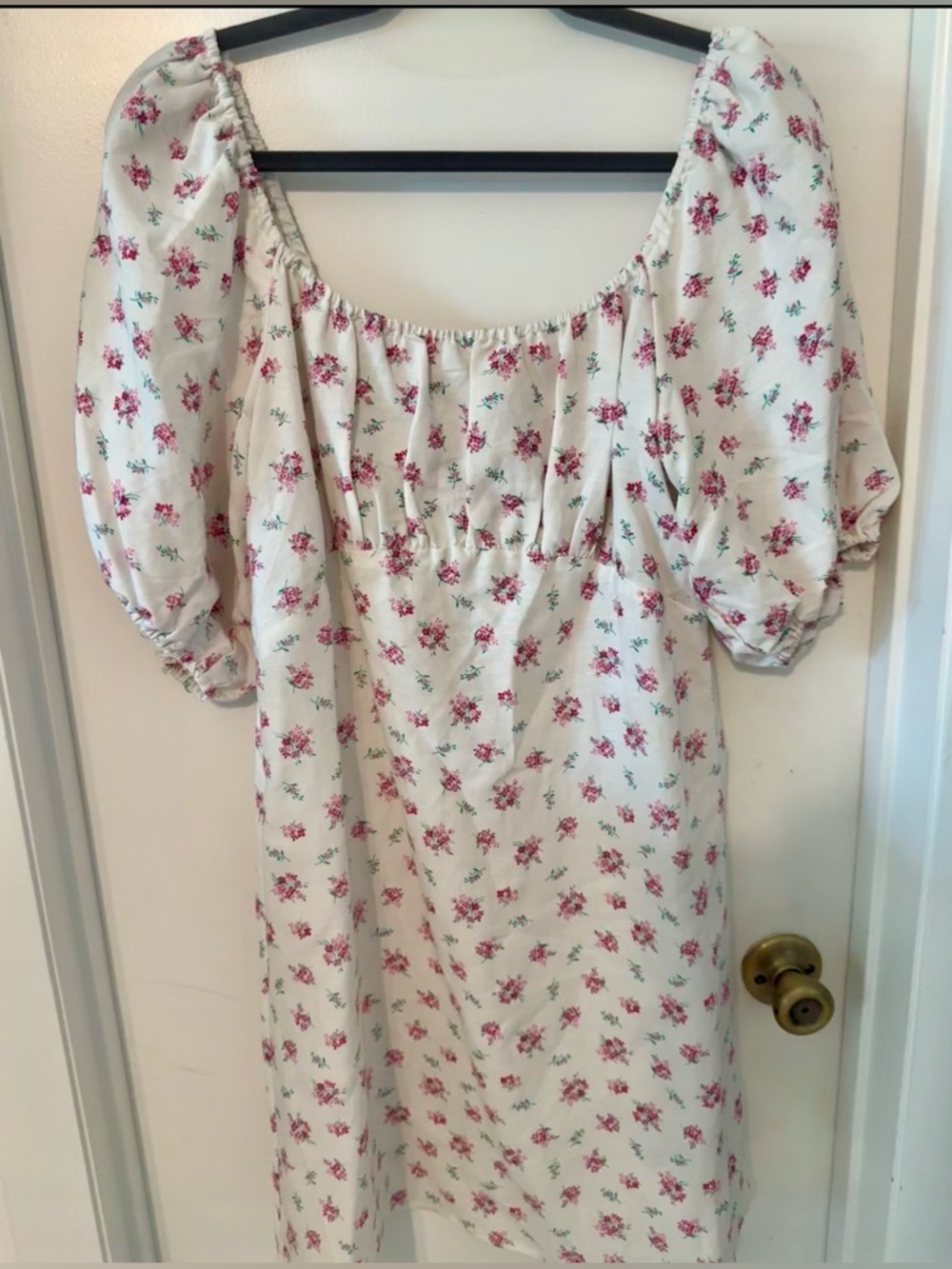 H&M Floral Puff Sleeve Square Neck Dress - Cream with Pink Roses Size M